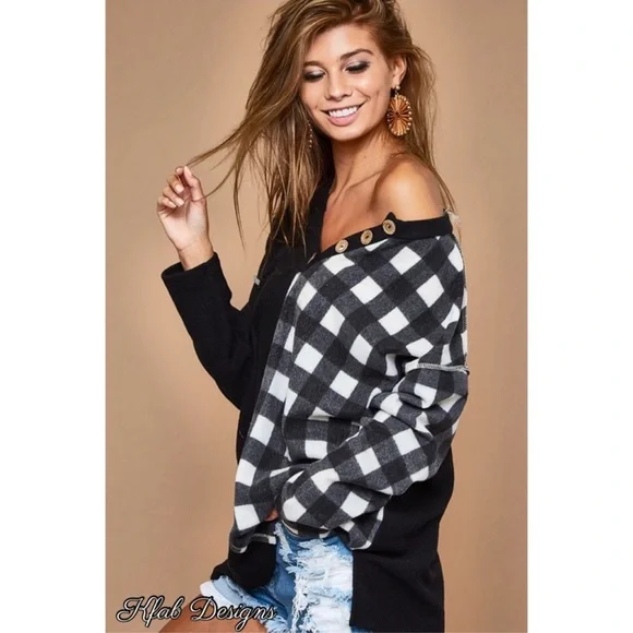 BiBi V-Neck Brushed Knit Dropped Shoulder Plaid Color Block PulloverTop Black - Picture 13 of 16